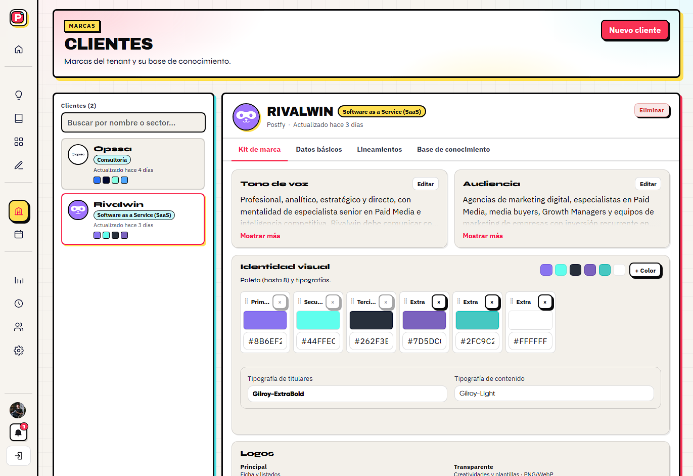Pantalla de Clientes en Postfy con brand kits y paletas por marca