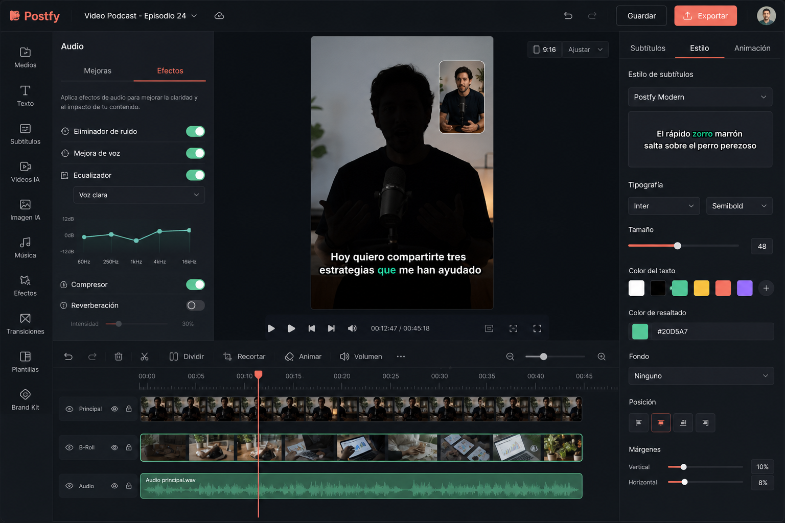Editor de vídeo Postfy con talking-head, PiP y subtítulos