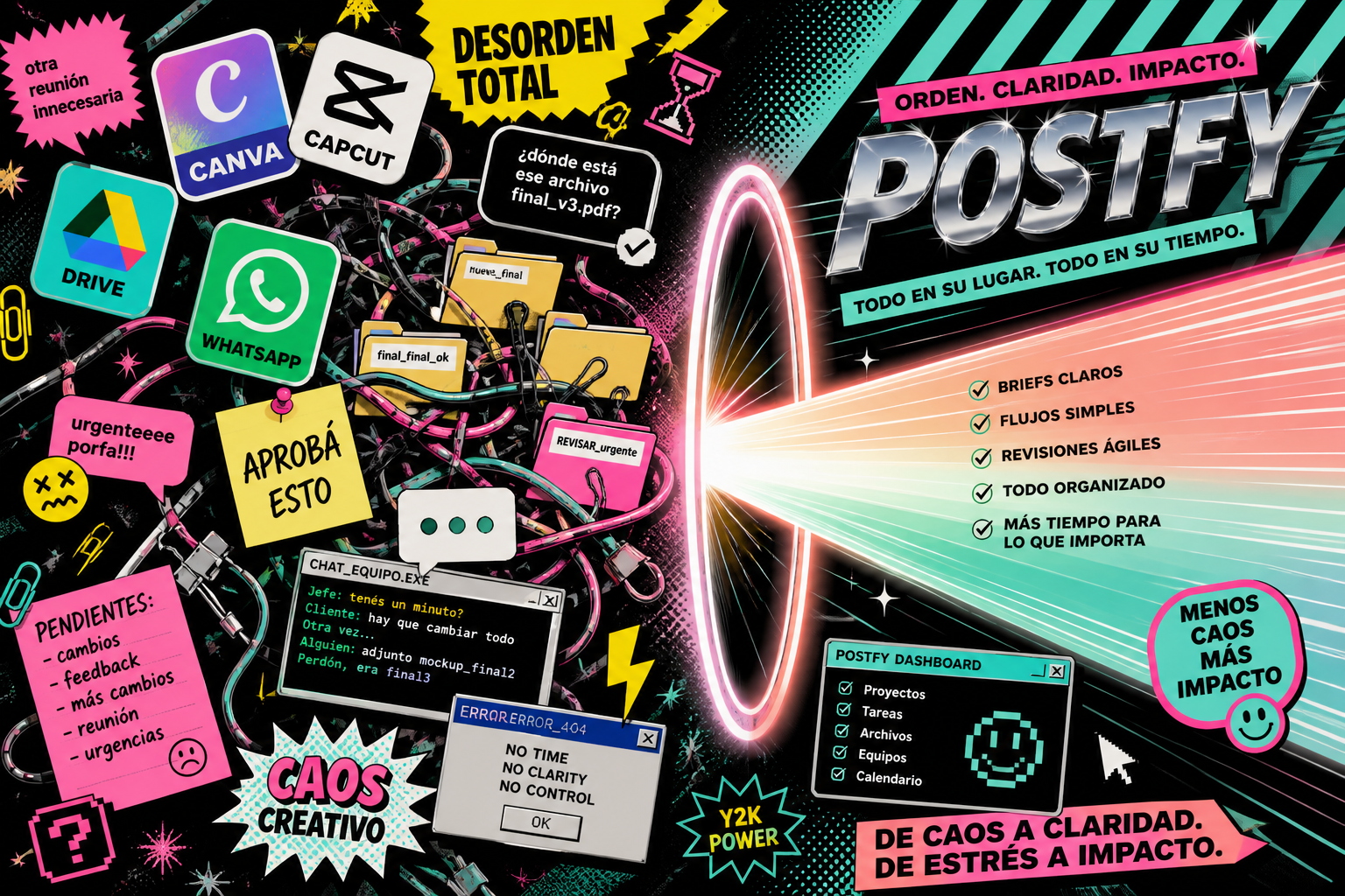 Ilustración: el caos de muchas apps frente a Postfy como sistema único